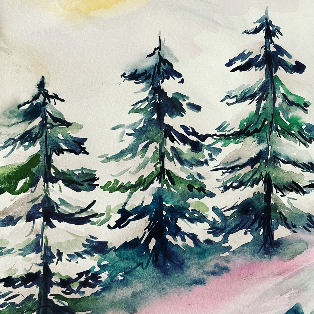 Snow tress watercolor painting
